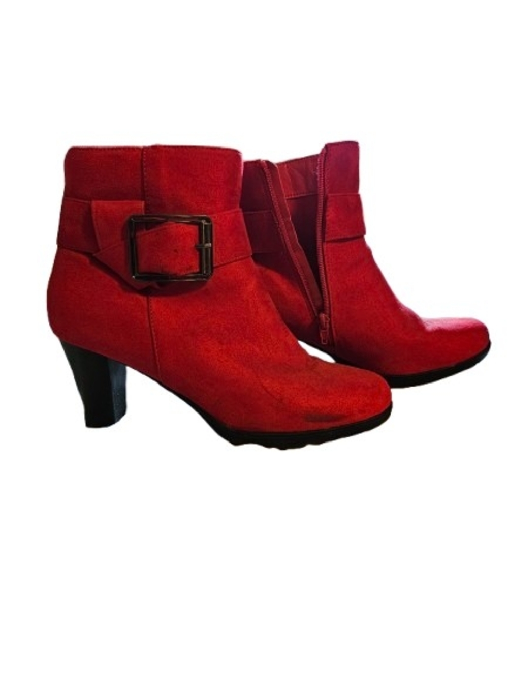 Red Suede Ankle Boots Womens Size 9 Block Heel Buckle Booties Retro Chic